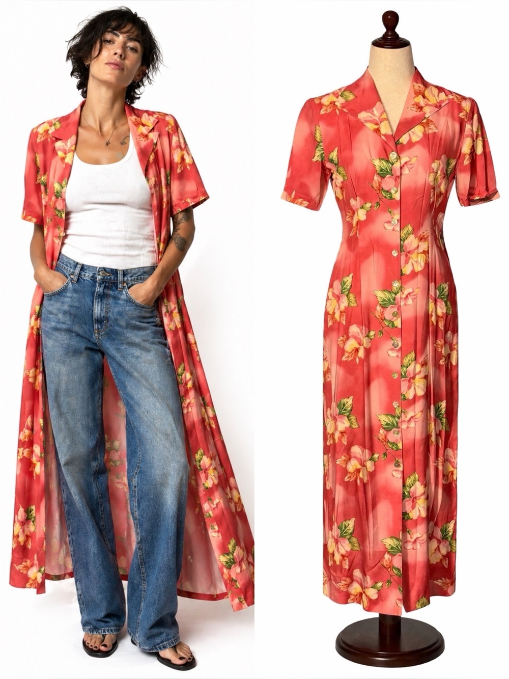 Vintage hibiscus print, pink button pencil dress.  Or- Wear as a jacket.